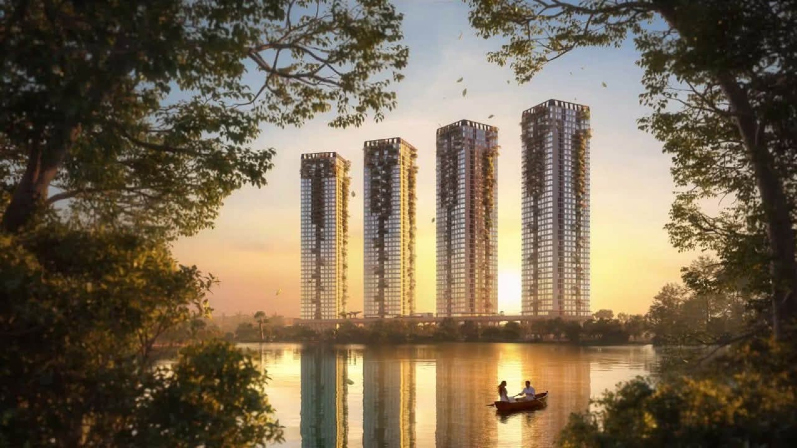 Phối cảnh các tòa căn hộ Forest Onsen bên mặt hồ lúc hoàng hôn