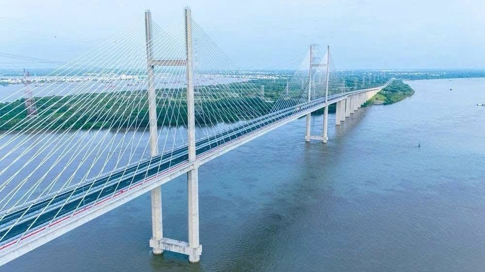 Trụ tháp chữ H và hệ dây văng của cầu Bình Khánh trên sông Soài Rạp