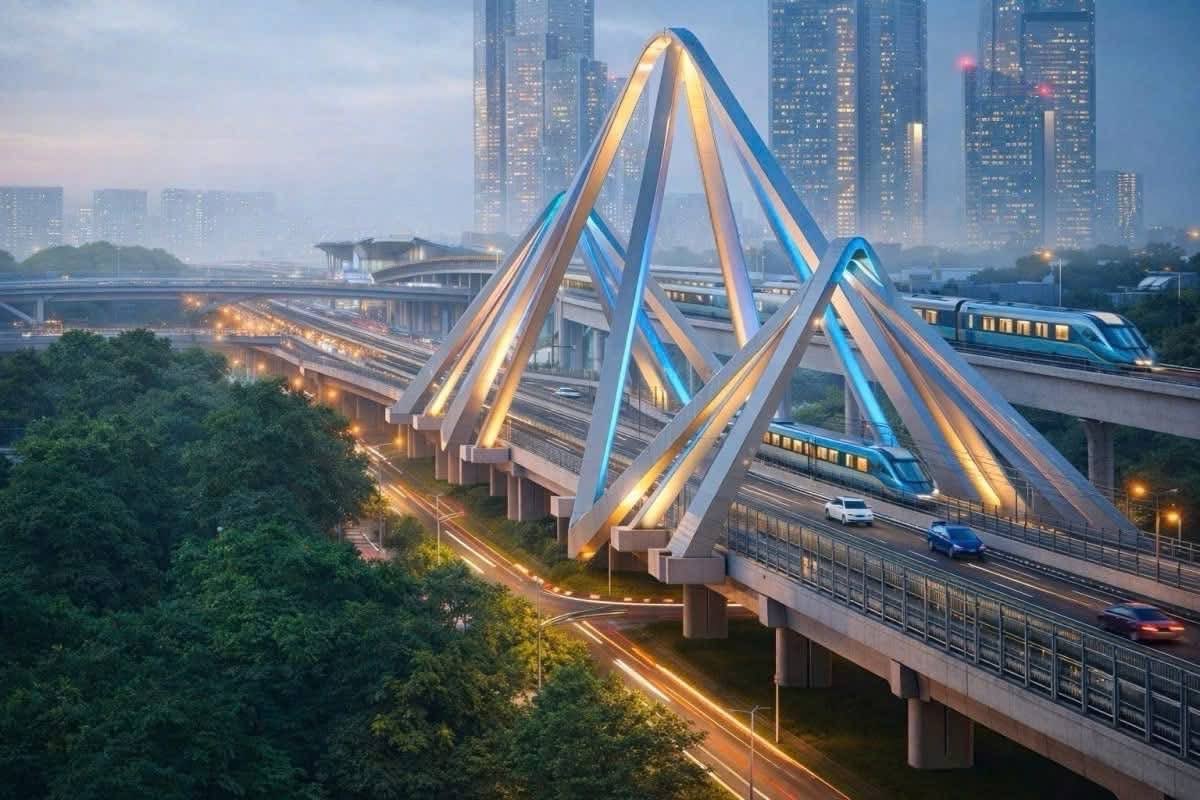 Ảnh minh họa cầu vượt dạng vòm thép bên cạnh tuyến đường sắt trên cao trong đô thị về đêm