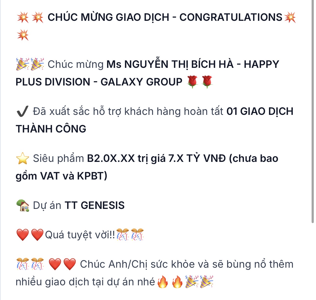 Thông báo giao dịch thành công dự án TT GENESIS