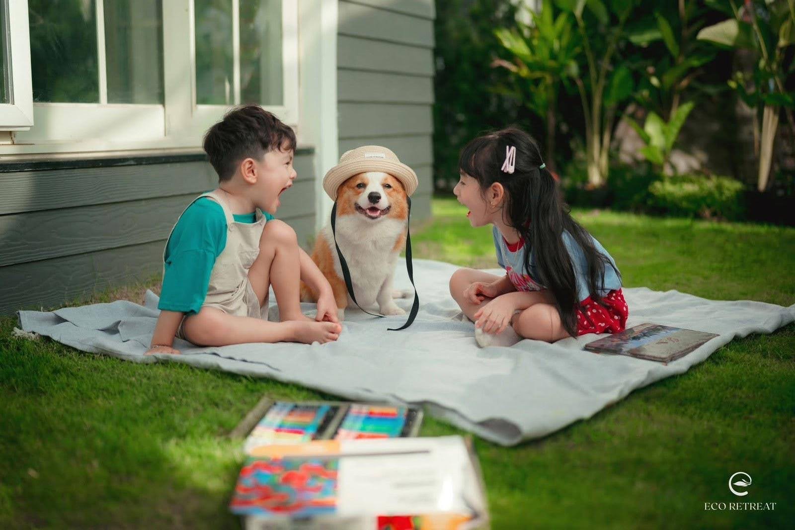 Hai bé chơi cùng chú chó trên bãi cỏ trước nhà