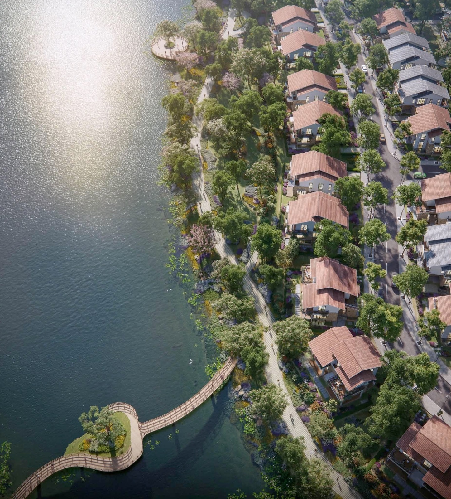 Phối cảnh trên cao dãy biệt thự ven hồ tại Retreat Forest