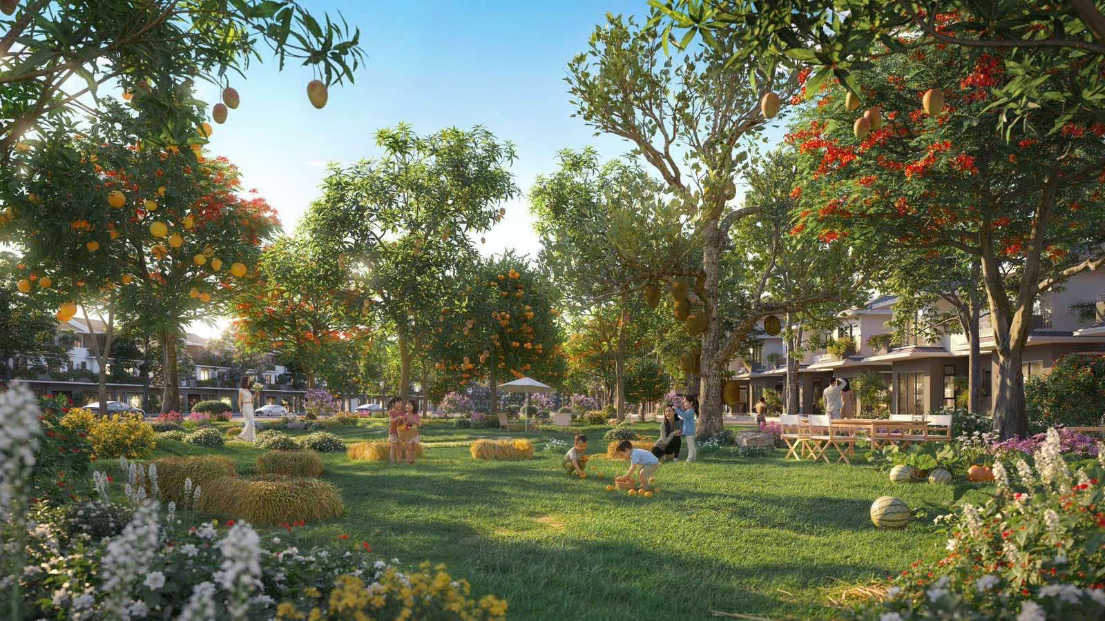 Phối cảnh khu vườn rợp bóng cây với bãi cỏ xanh tại Eco Retreat