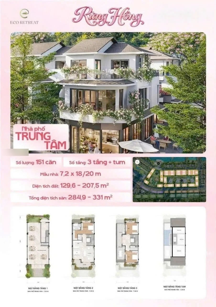 Nhà phố Trung tâm Rừng Hồng Eco Retreat: 151 căn, mẫu 7,2 x 18/20 m, 3 tầng + tum
