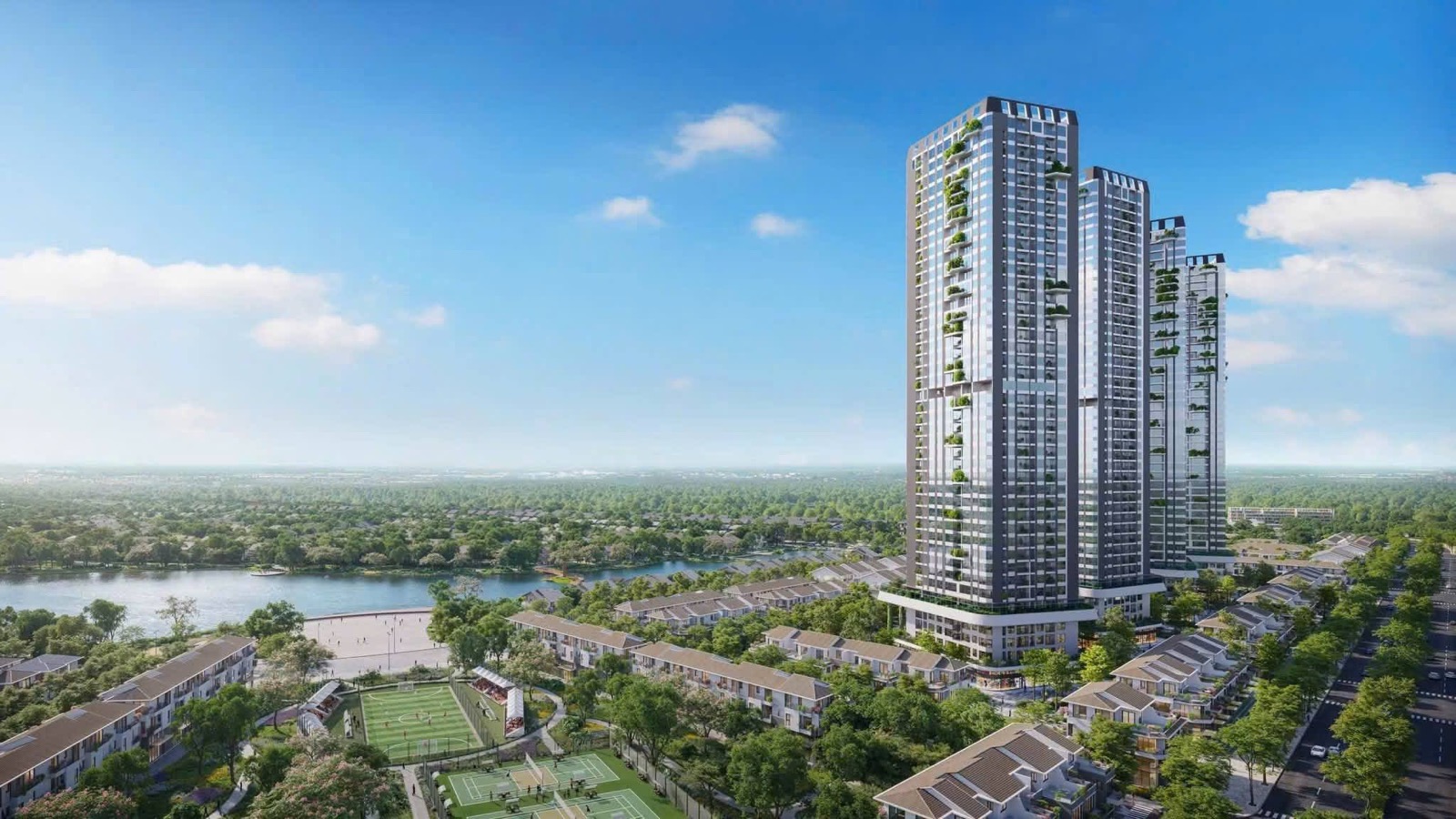 Phối cảnh tòa căn hộ cao tầng giữa không gian xanh Eco Retreat
