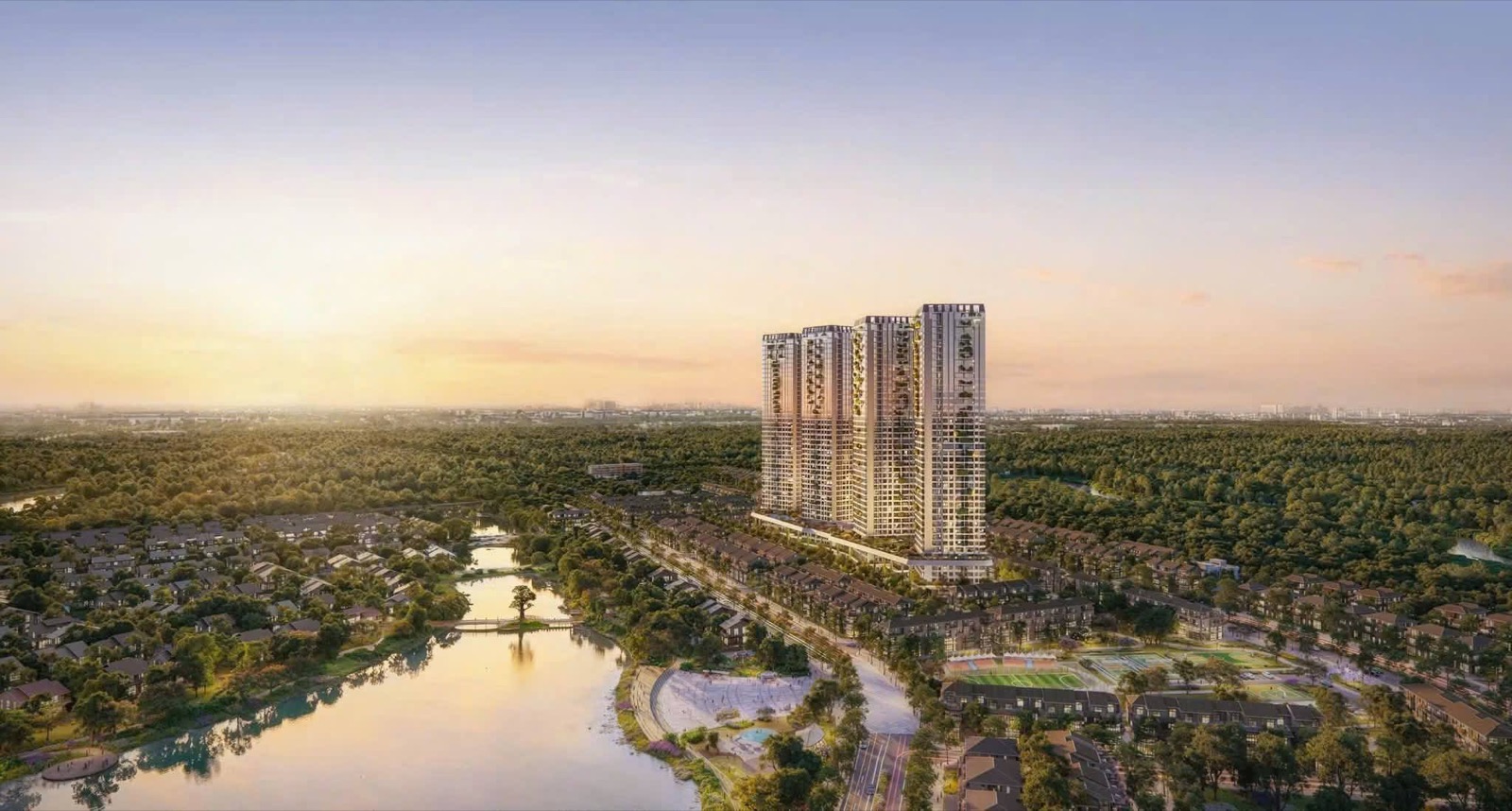 Phối cảnh tòa căn hộ ven sông lúc hoàng hôn