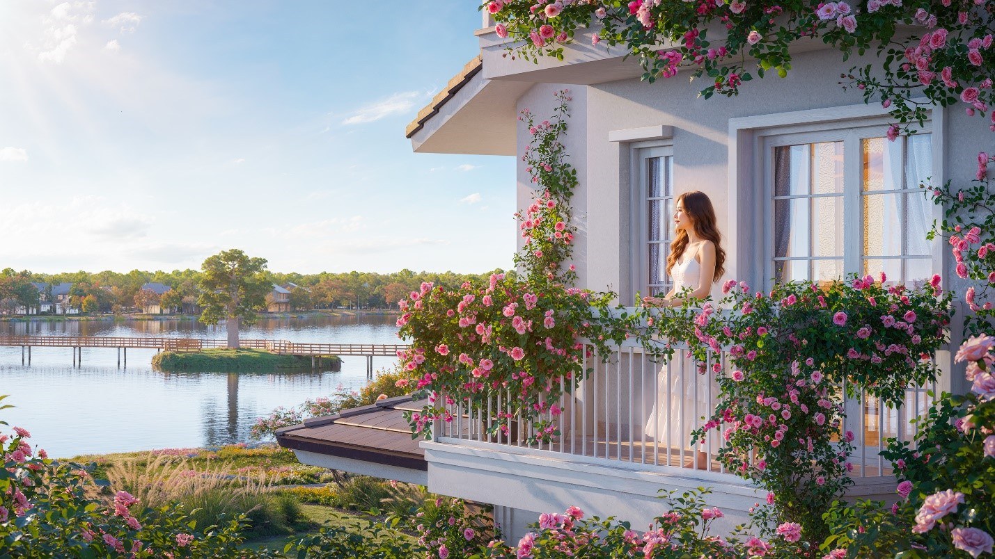 Ban công phủ hoa hồng nhìn ra hồ tại phân khu Rừng Hồng Eco Retreat