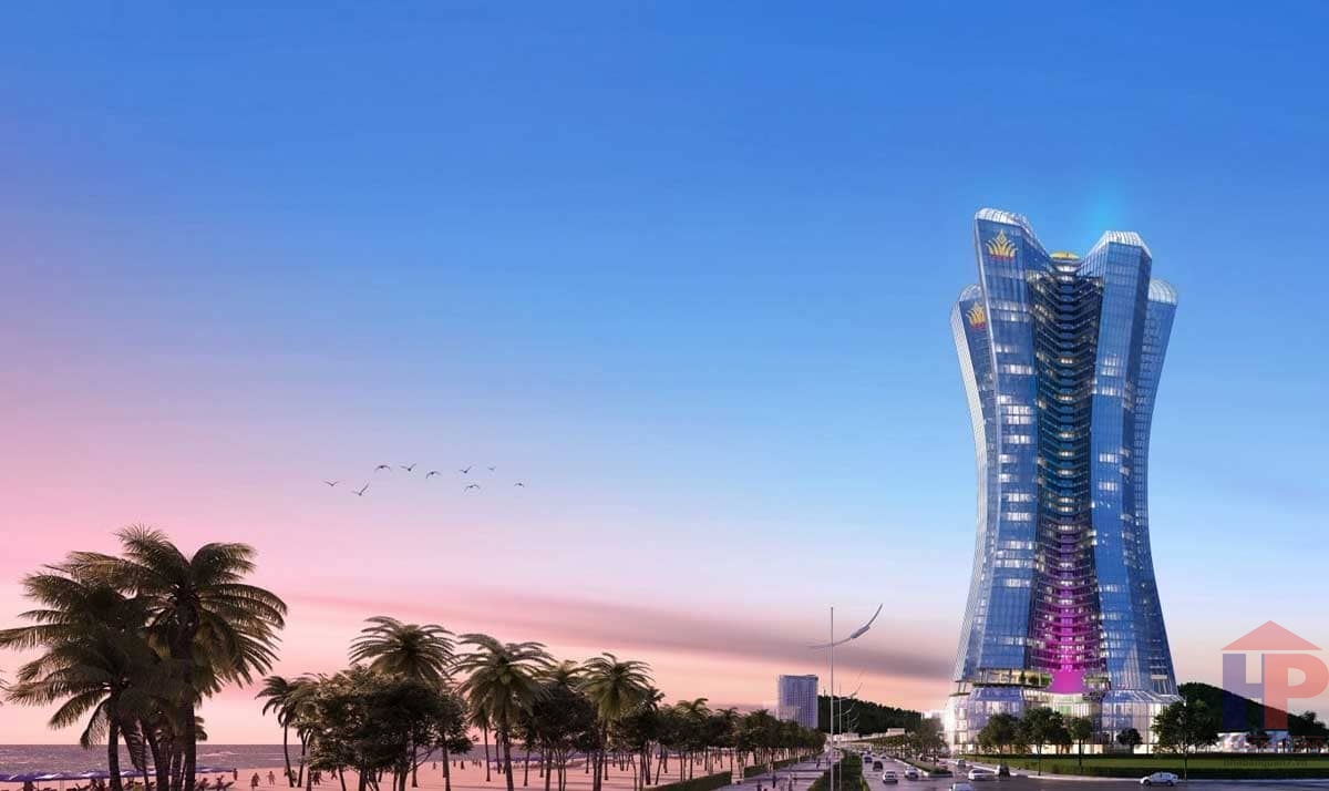 Phối cảnh tòa tháp kính Five Star Odyssey bên hàng dừa ven biển Thùy Vân, Vũng Tàu