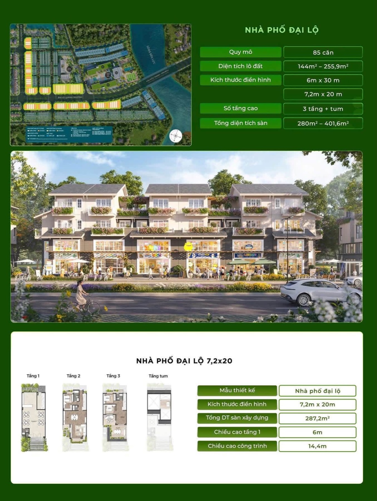 Phối cảnh và mặt bằng nhà phố đại lộ 7,2x20m