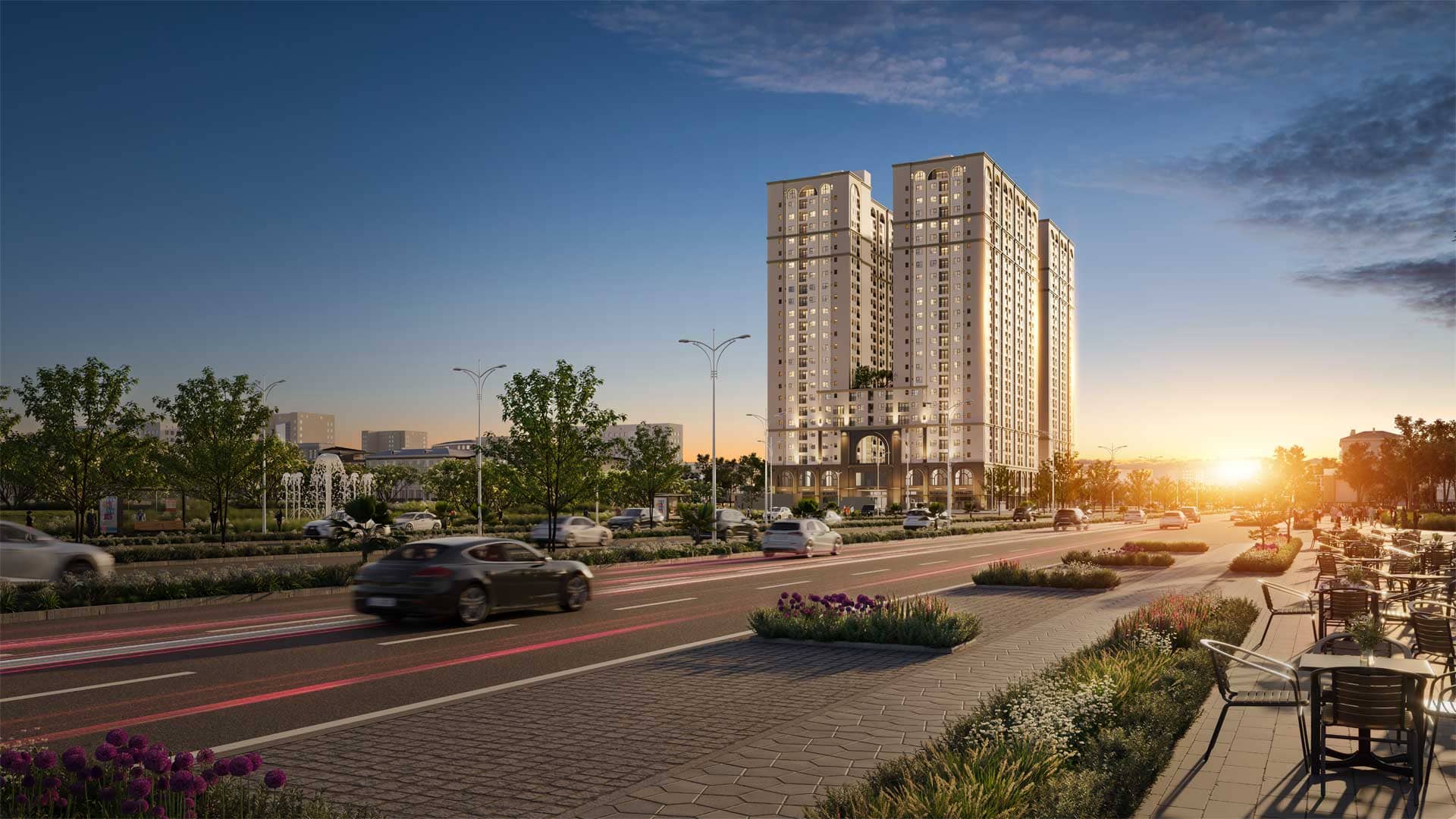 Phối cảnh hai tháp căn hộ Tumys Homes bên trục đường lớn tại Phú Mỹ lúc hoàng hôn