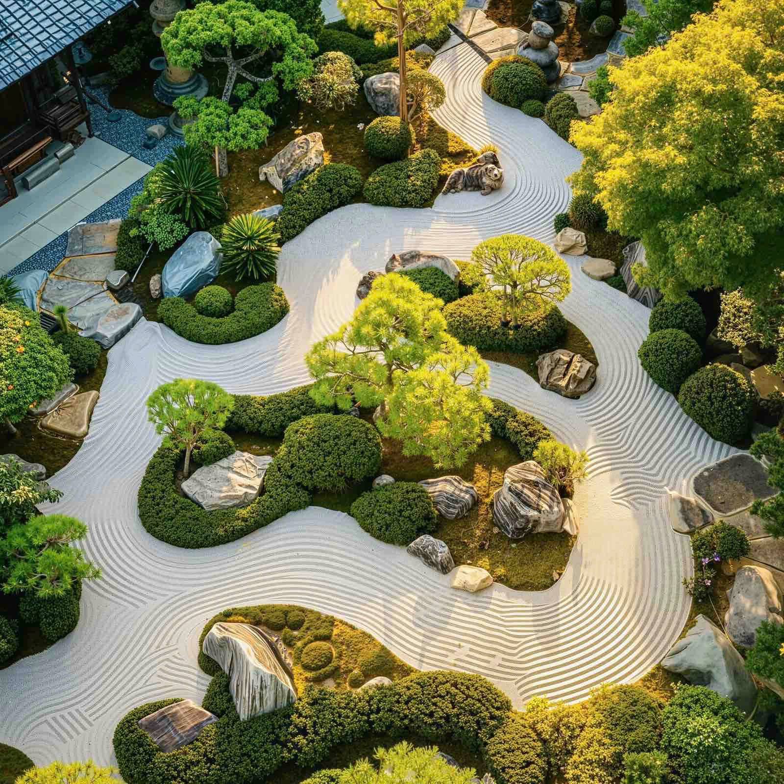 Hình minh họa vườn thiền với cát cào và tiểu cảnh