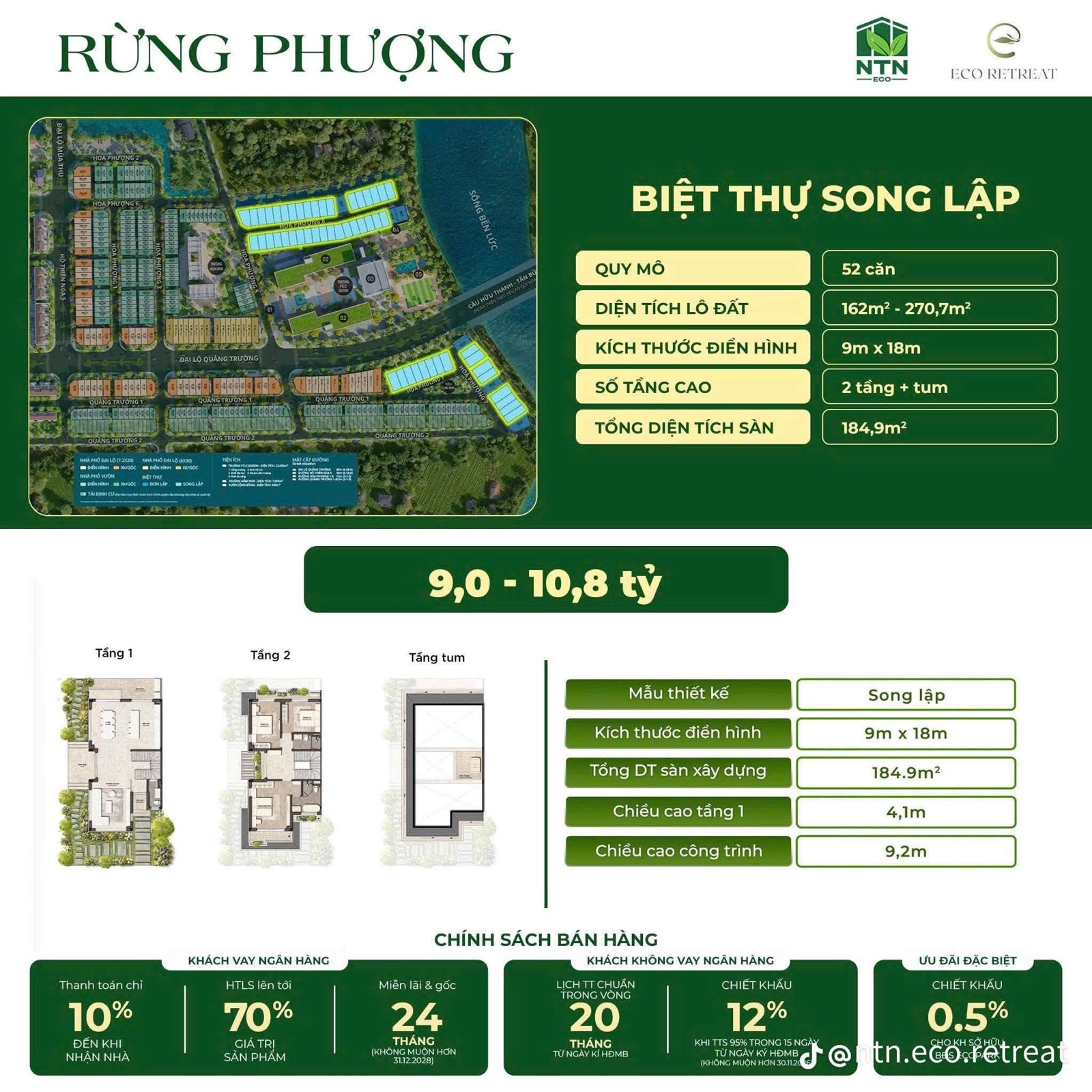 Bảng thông tin biệt thự song lập Rừng Phượng giá 9–10,8 tỷ