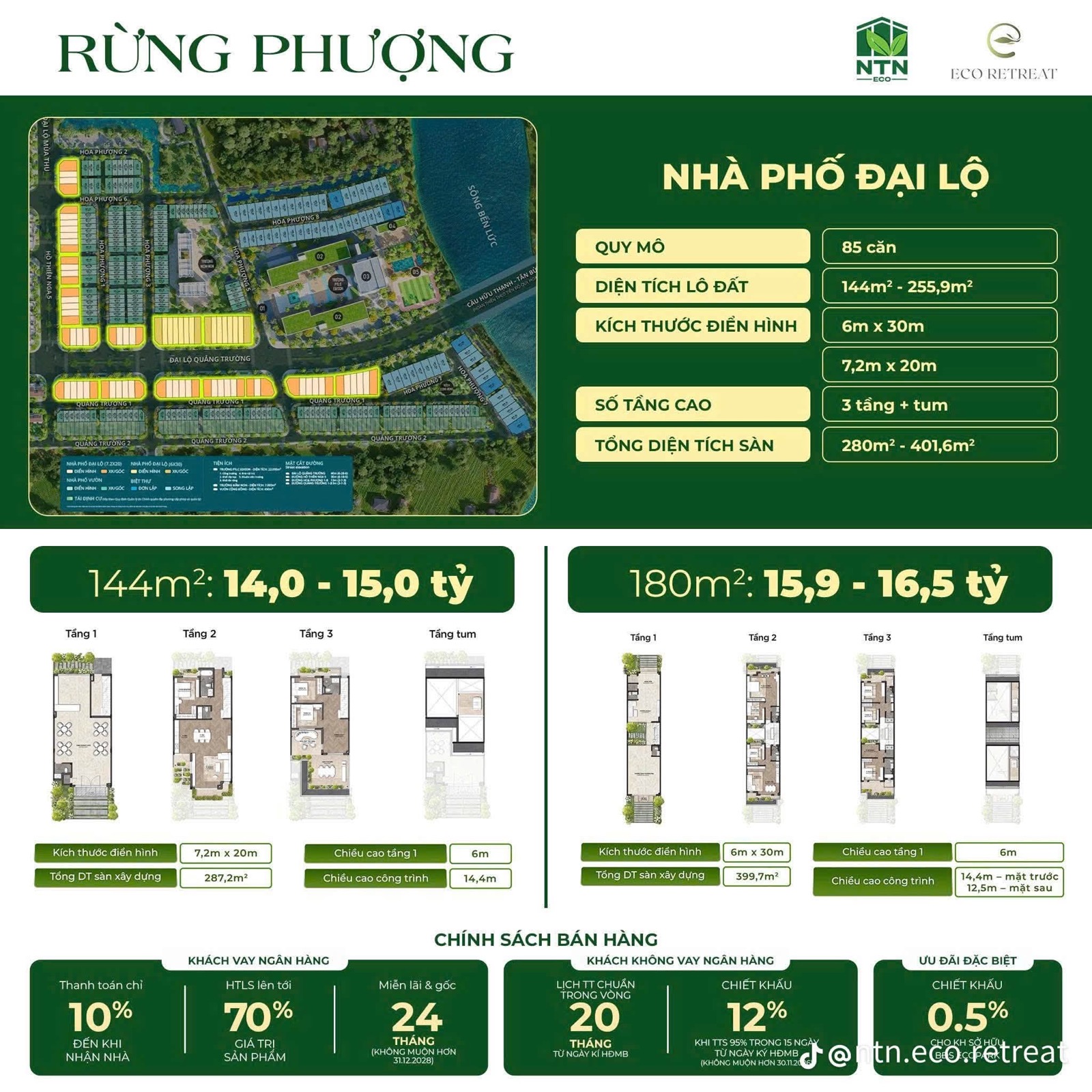 Bảng thông tin nhà phố đại lộ Rừng Phượng 144m² và 180m²