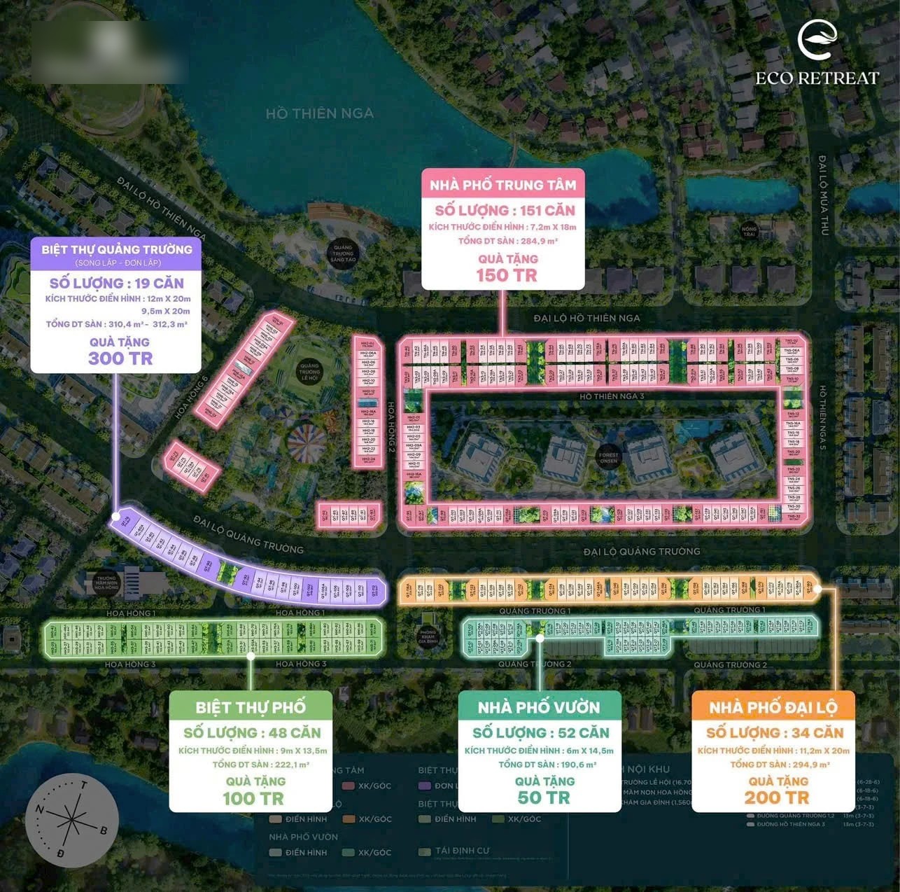 Mặt bằng phân khu Rừng Hồng Eco Retreat với 5 dòng sản phẩm quanh Quảng trường Lễ Hội