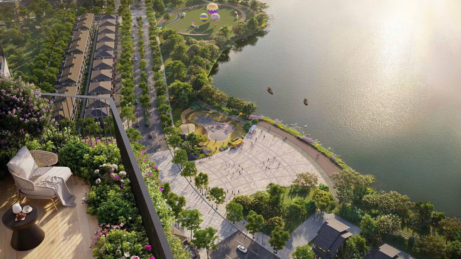 Phối cảnh trên cao bờ hồ và dãy nhà phố tại Eco Retreat