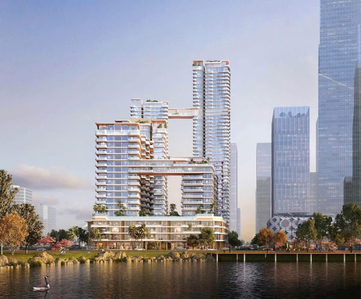 Phối cảnh khối nhà ở Lotte Eco Smart City nhìn từ mặt nước
