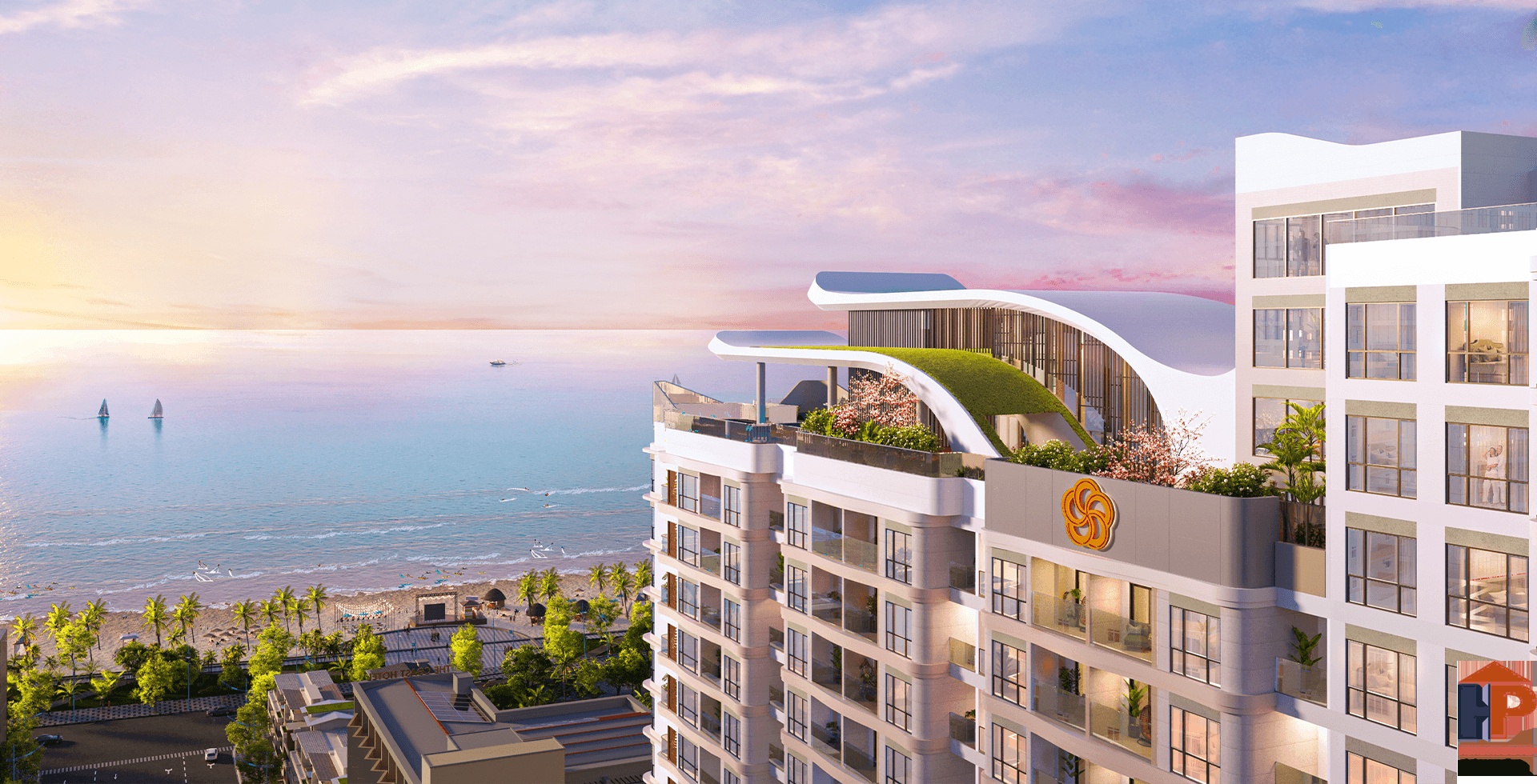 Phối cảnh tầng thượng có mái xanh của Fiveseasons Homes nhìn ra biển Vũng Tàu