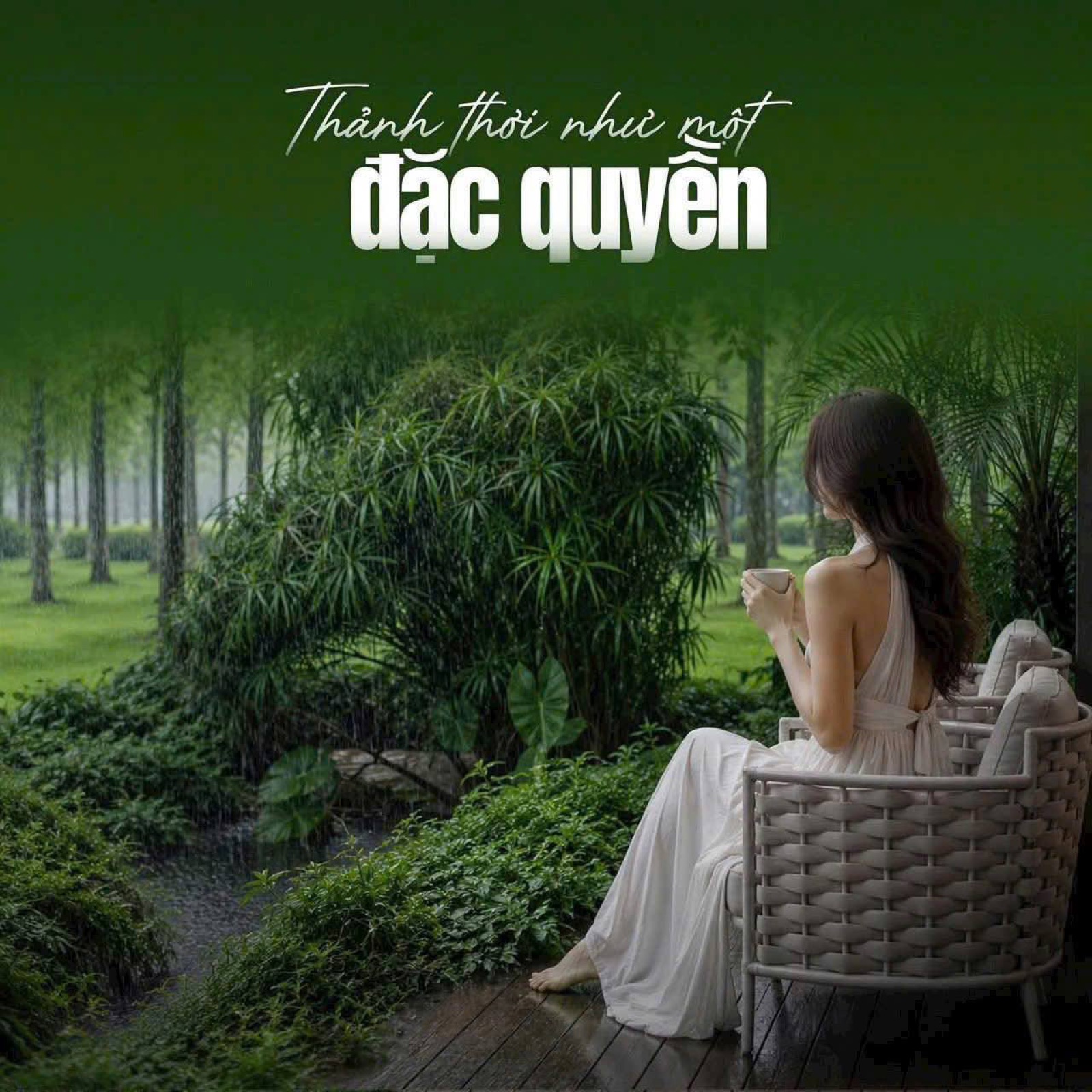 Người phụ nữ thư giãn trên ghế giữa vườn cây với dòng chữ Thảnh thơi như một đặc quyền