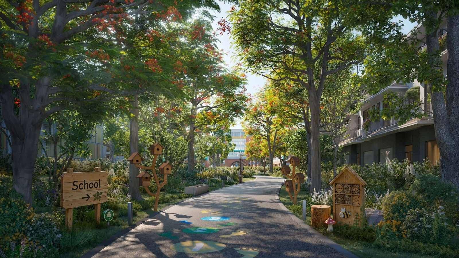 Phối cảnh lối đi giữa rừng cây trong khu biệt thự