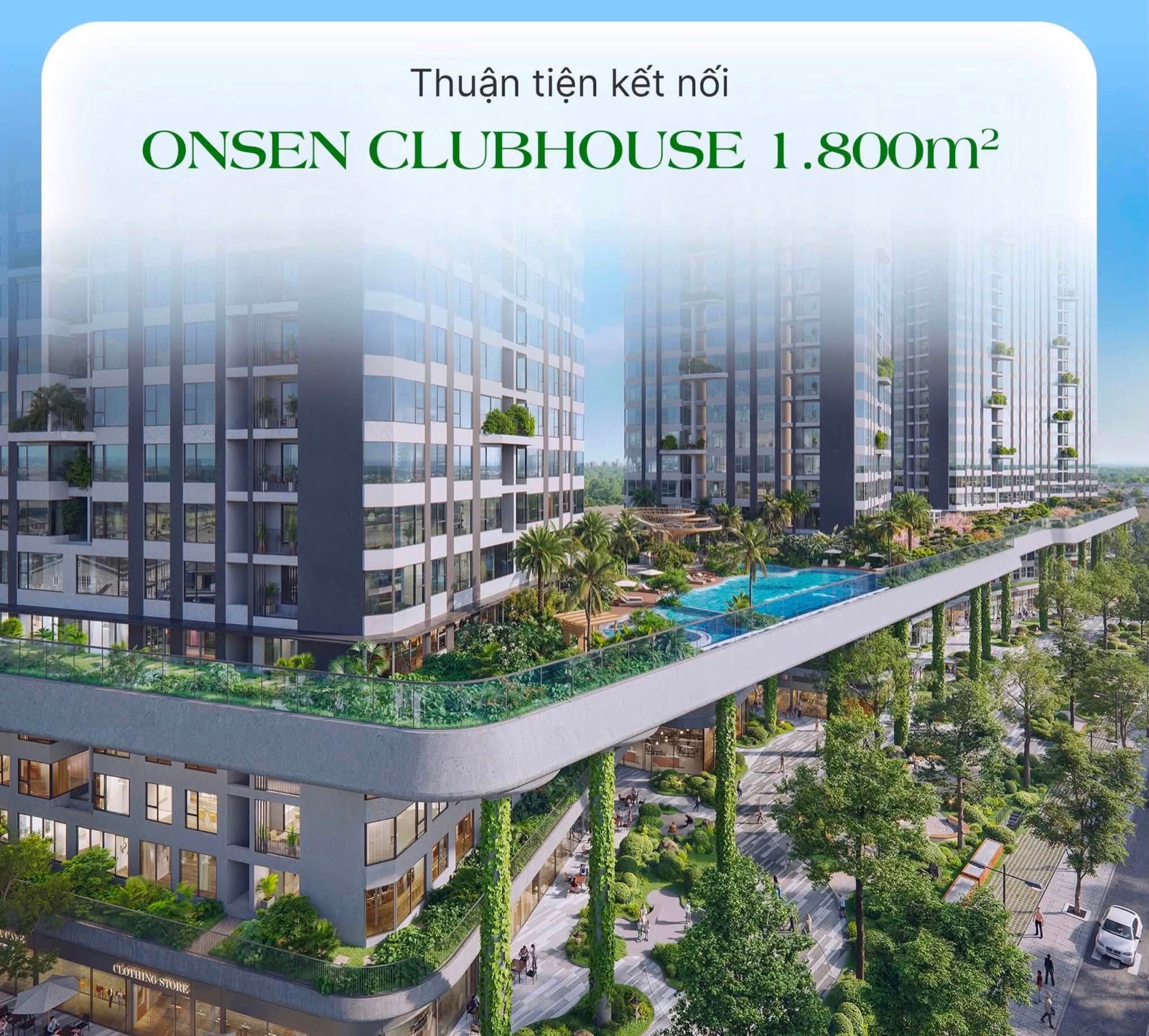 Phối cảnh Onsen Clubhouse 1.800m² với hồ bơi giữa các tòa nhà
