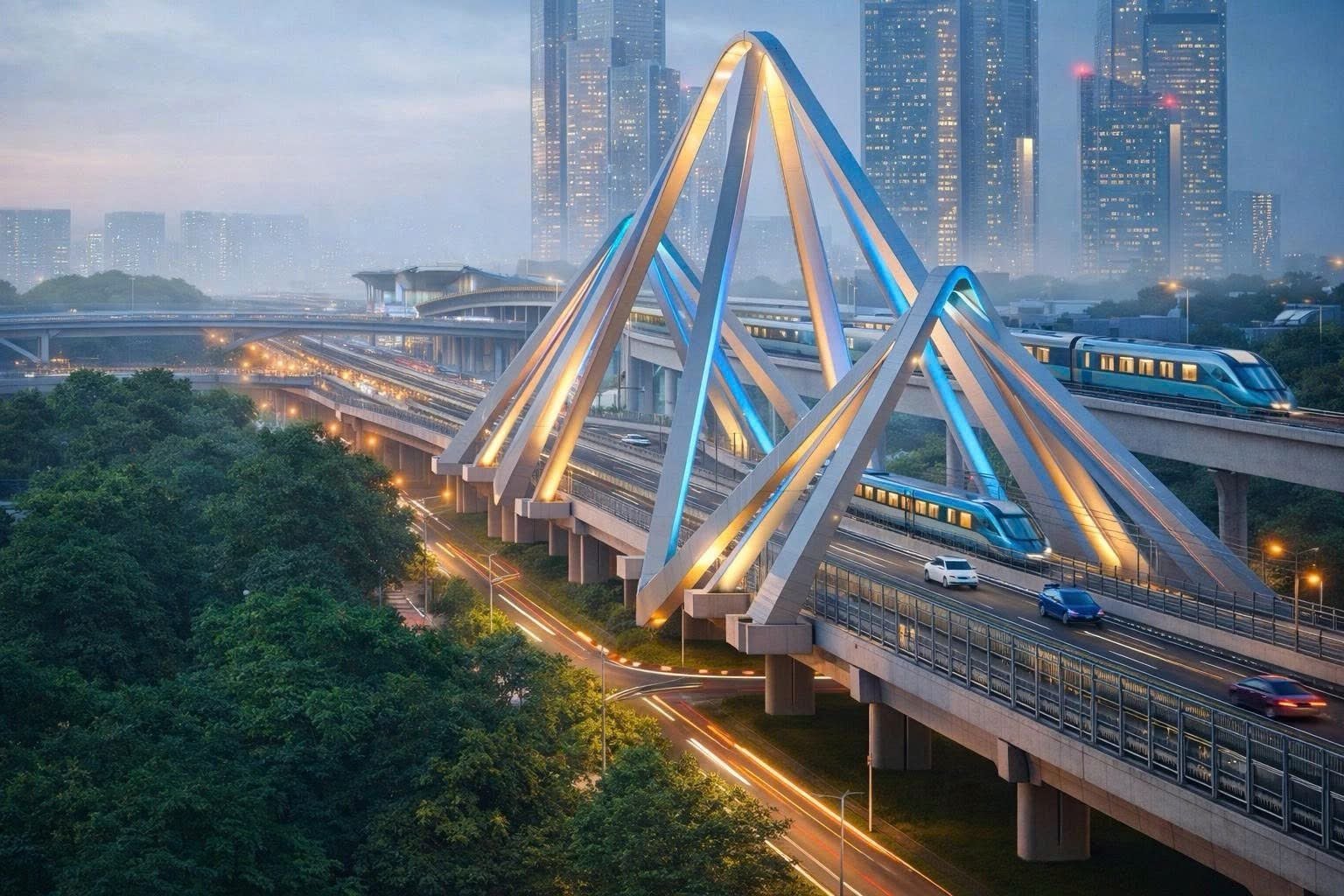 Ảnh minh họa tàu điện chạy trên cầu cạn cạnh đường trên cao trong đô thị lúc chiều tối