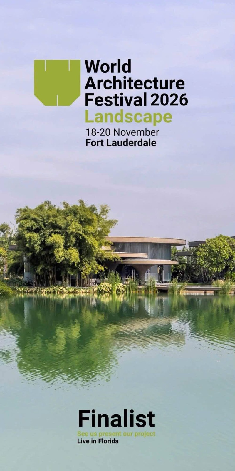 Lotus Clubhouse bên hồ với thông tin Finalist World Architecture Festival 2026