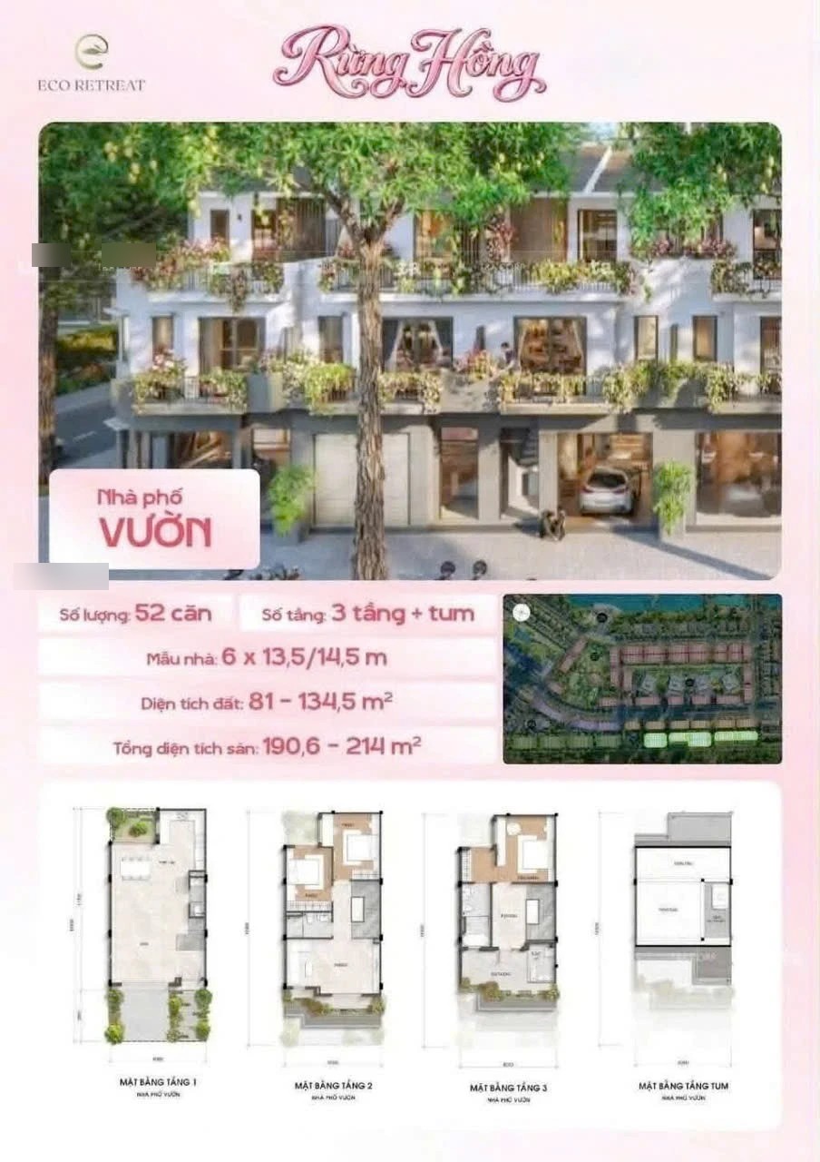 Nhà phố Vườn Rừng Hồng Eco Retreat: 52 căn, mẫu 6 x 13,5/14,5 m